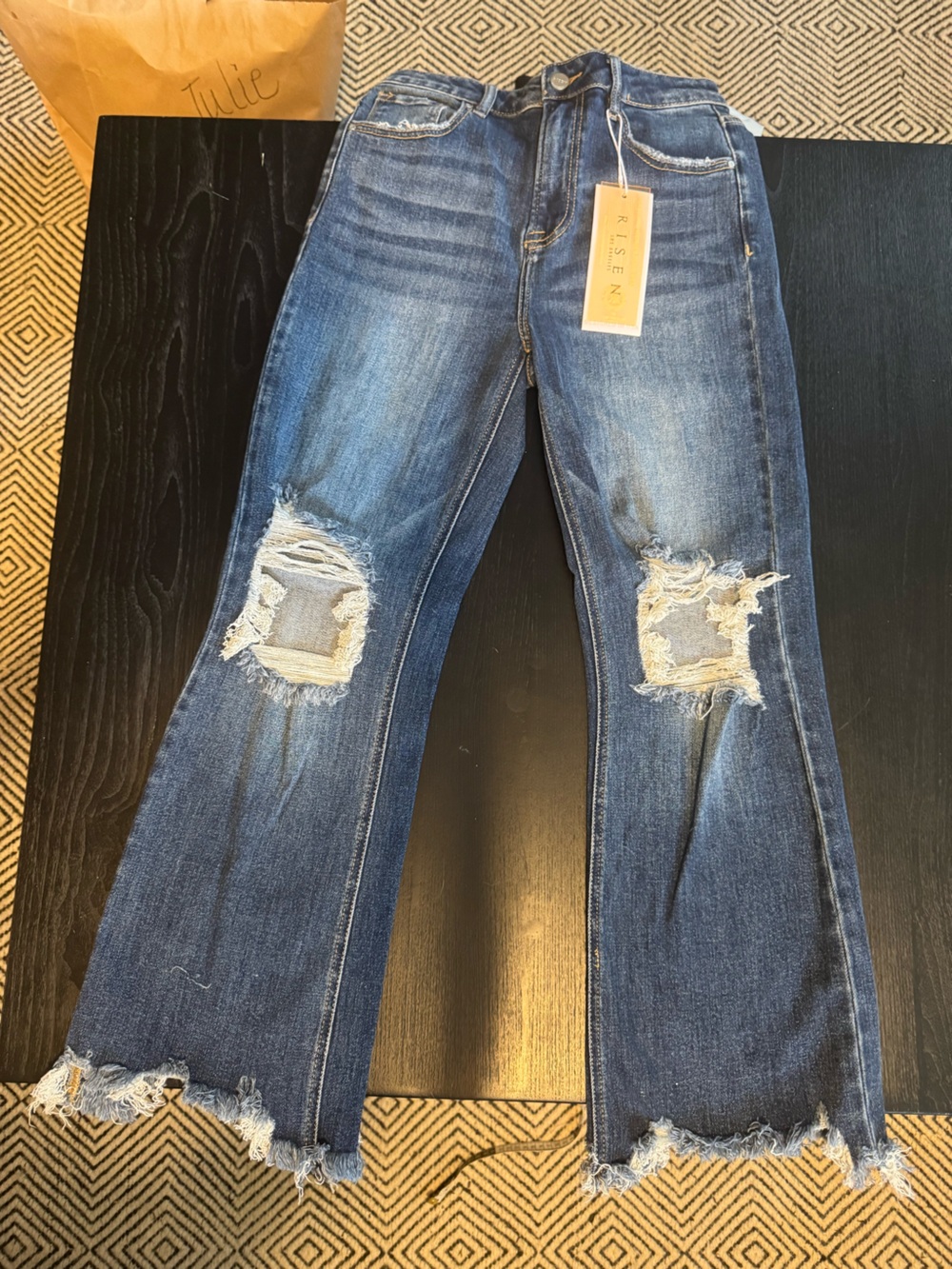 NWT RISEN High Rise Distressed Flare Jeans Dark Wash Raw Hem Size 7/28